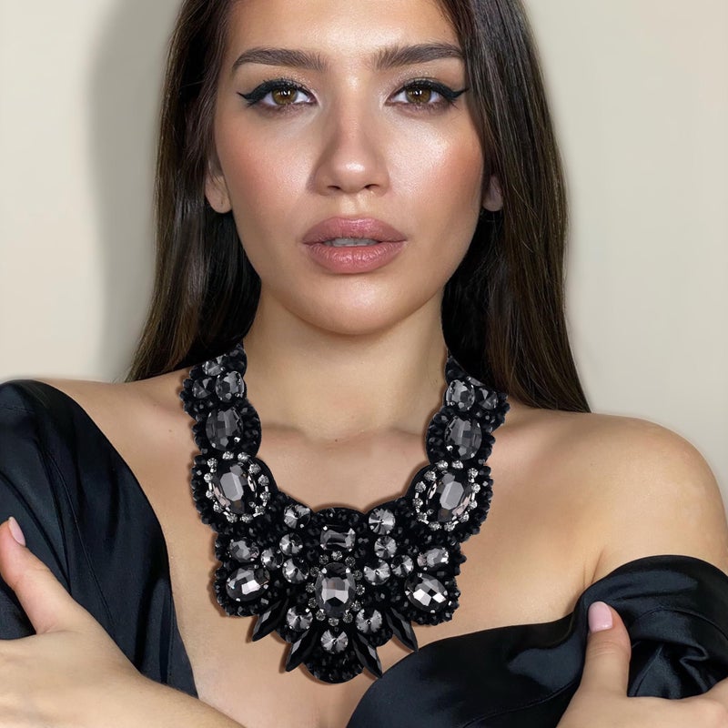 Flyonce Black Rhinestone Crystal Bib Chunky Collar Statement Necklace for Women Costume Jewelry - Image 2